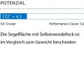 1 Dimensionslose Zahl. Berechnung: 2√S/3√V. Je höher der Wert, desto mehr Segelfläche (S) hat das Schiff in Relation zur Verdrängung (V)