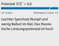 1 Dimensionslose Zahl. Berechnung: 2√S/3√V. Je höher der Wert, desto mehr Segelfläche (S) hat das Schiff in Relation zur Verdrängung (V)