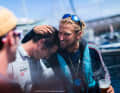 The two cheerful rivals after crossing the finish line of the first stage