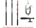 Mooring line grabber, line threader and classic boat hook can be mounted on the telescopic pole.