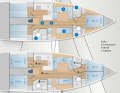 With three or four cabins: The foredeck can be converted into a large owner's area with separate toilet rooms or, for more intensive use, with two double cabins, each with its own bathroom. The galley takes up a comparatively large amount of space. The service duct between the aft cabins is a full 73 centimetres wide | Drawing: YACHT/N. Campe
