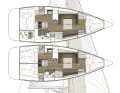 Oceanis 37 : disponible avec deux ou trois cabines. La première est dotée d'une très grande salle d'eau et d'une couchette transversale à l'arrière. Navigue de manière rigide | dessin : A. Hoppenhaus