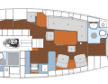 The spacious owner's cabin is located in the stern, the standard galley next to the companionway to starboard