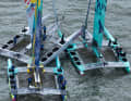 Die Dreier-Kollision von New York mit Red Bull Italy, Mubadala Brazil und dem United States SailGP Team.