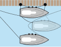 The fore and aft lines of the departing boat are taken in and speed is given ahead. The shore line of the outward-lying boat is now hauled tight and all other lines are taken up again. As an alternative to the shore line, the outside boat can also be hauled to the centre cleat of the inside boat with a line