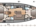 The owner's version: a large forward cabin with a bathroom and shower, and two aft cabins, each with its own bathroom and separate shower.
