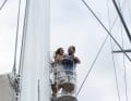 In the crow's nest, it reaches over the third pair of spreaders of the 61 metre high main mast