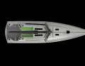 Le mât est placé très en arrière dans le bateau. Cela permet d'installer un foc auto-vireur de taille tout à fait raisonnable. La vue de dessus montre également à quel point la structure du Shogun 69 est élancée.