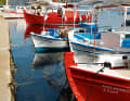 Alonnisos: Boats in bright red and white are moored in the fishing harbour of Steni Vala