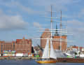 The "Gorch Fock I" at her previous berth in front of Stralsund's historic city centre
