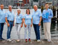 Die Organisatoren (von links): Sportdirektor Jens Kath, der LYC-Vorsitzende Lutz Kleinfeldt, Birgit Stamp-Oehme, Projektleiterin der TW, Undine Heider, Geschäftsführung uba, Frank Schärffe, Geschäftsführer Travemünder Woche gGmbH, und Christian Martin Lukas, Geschäftsführer LTM