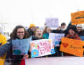 Fans pay homage to Justine Mettraux at the finish harbour of the Vendée Globe.