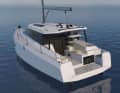 Catamaran features: cabin superstructure with bimini top, raised helm station, wraparound windows.