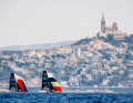 Beautiful 49er FX scene against the backdrop of Marseille with the crews from Germany and Belgium
