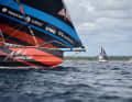 C'est dans une telle ambiance que s'est déroulée la finale bretonne de la Transat, après plus de 3 000 milles marins. On aperçoit « DMG Mori Global One » à l'arrière-plan.