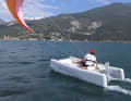 The X-Fun is designed to be sailed with the 10 square metre kite; the shaft of the electric outboard serves as a rudder.
