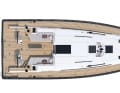 Standard version for fast touring. All lines are led aft to two large winches. There is no traveller and the bowsprit is short. However, it also serves as an anchor holder. Teak deck partly as standard