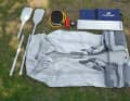 Good aluminium bench seat, complete repair kit, pressure gauge included. A mooring line, centre eye and handles are missing. Only the mooring lines are available for carrying