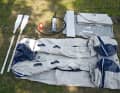 Only dinghy with double lift floor pump. Aluminium bench seat. The adhesive is missing from the repair kit. One holder for external petrol tank, many handles