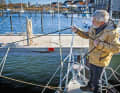The mooring lines can be cut to the correct length using the boat hook