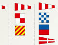 Code Papa Bravo (left) indicates that mines are being cleared. Exercises are signalled by the flags for Code Uniform Yankee (centre). Code November Echo Four (right) indicates firing exercises.