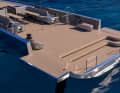 Widening. The aft section of the bulwark can be folded down, enlarging the aft deck to create a gigantic staging area