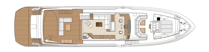 Oberdeck: Das Layout ist flexibel. In der Variante „Tri Deck“ kommt hier noch ein halbes Sonnendeck obendrauf – mit Lounge, Bar und Andockstation zum Steuern