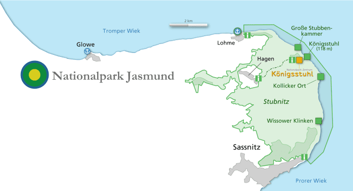   Karte des Nationalparks Jasmund im Nordosten Rügens.
