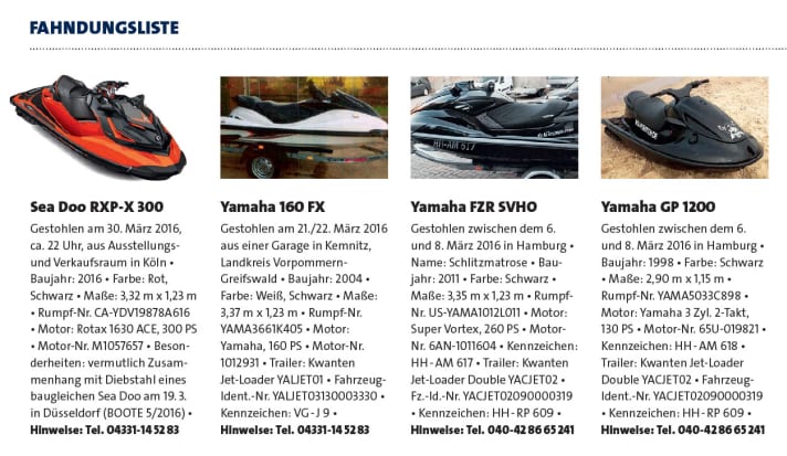   Die Fahndungsliste mit den vermissten Jetskis aus der Juni-Ausgabe von BOOTE