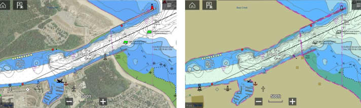   Die Lighthouse-Karten von Raymarine lassen sich zwischen der Ansicht als Sportbootkarte (links) und amtlicher Karte (rechts) umschalten
