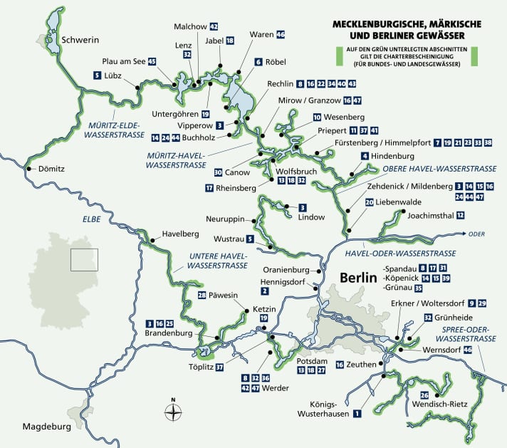   Übersicht über die Mecklenburgischen und Märkischen Charterreviere und Stützpunkte.