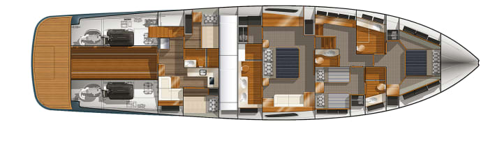 In der Standardversion gibt es drei Suiten. Der Maschinenraum ist zweigeteilt, für mehr Platz zum Arbeiten