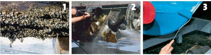 Muschel- und Seepocken-Bewuchs am Unterwasserschiff (1) oder an den Antrieben und Propellern (2) muss regelmäßig mit Hochdruckreiniger oder Bürste entfernt werden. Der Antifoulinganstrich (3) sollte einmal pro Saison erneuert werden