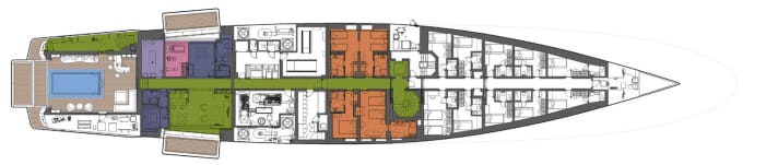 Unterdeck: Die vier Kabinen verfügen über Pullman-Betten und werden im Charterbetrieb von der Crew 
belegt, die sonst davor wohnt.