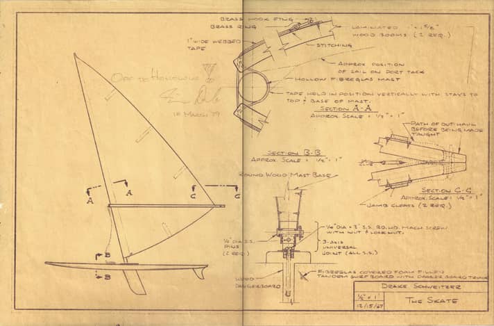 Diese Konstruktionszeichnung von Jim Drake aus dem Jahr 1967 bildete die Grundlage für die Patenterteilung 
für den Windsurfer – damals noch mit dem Arbeitsnamen „The Skate“.