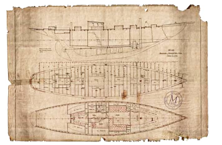 Die Originalzeichnung zeigt den vom Kon­strukteur vorgesehenen Einrichtungsplan