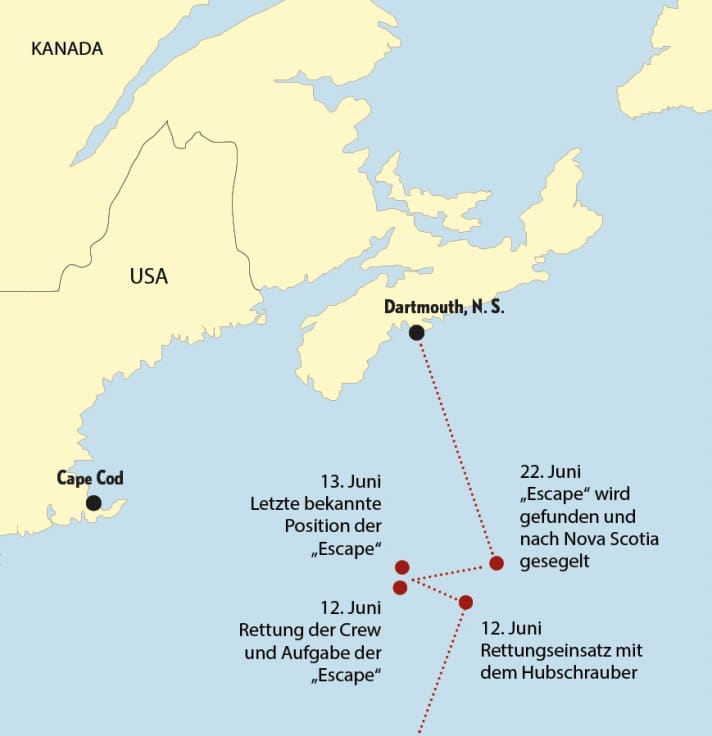 Die Positionen der „Escape“ zum Zeitpunkt der Rettungseinsätze, bei der Bergung und anschließenden Überführung nach Dartmouth