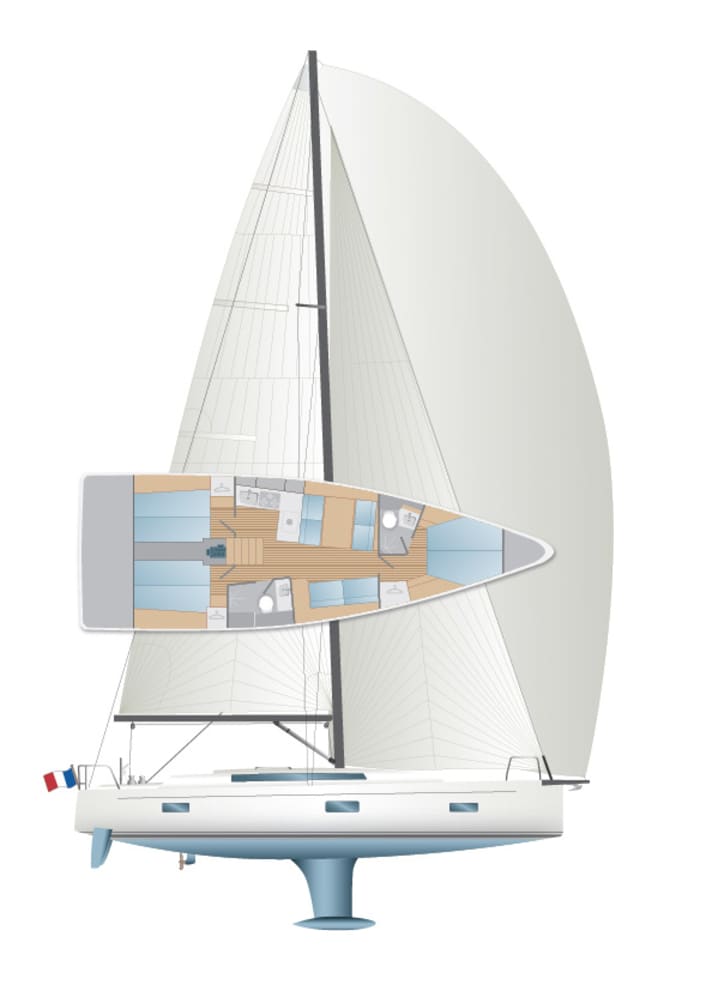Konventioneller Segelplan: Die Garderobe besteht aus Pinhead-Groß und kurz überlappender Genua. 
Der Mast steht im Vergleich weit achtern. Standard ist der Ausbau mit drei Kabinen und zwei Bädern. Varianten sind keine vorgesehen