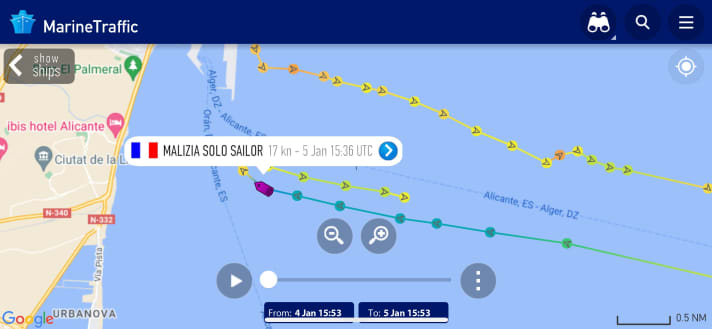 MarineTraffics Kursdaten vom ersten Testschlag der “Malizia – Seaexplorer” gestern Nachmittag vor Alicante