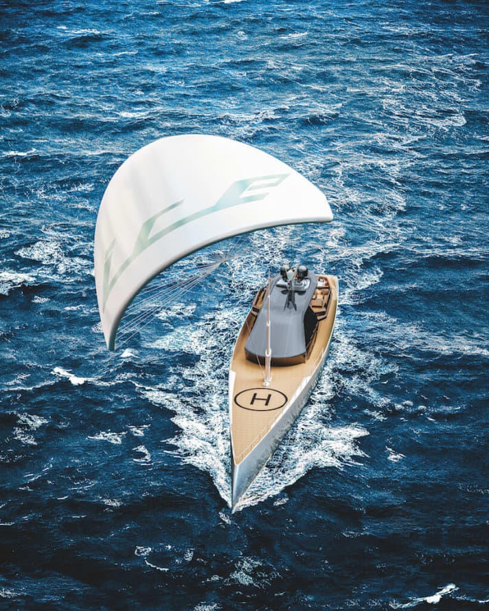"ICE Kite": Ein 160 Quadratmeter großer Kite entlastet den Dieselantrieb, der für sich genommen eine Vmax von 17,4 Knoten erbringt. | t.