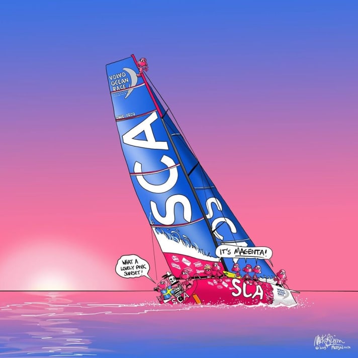   Mit dem Team SCA kamen die Frauen schlagzeilenträchtig zurück ins Volvo Ocean Race. In den Sprechblasen: "Was für eine schöner pinker Sonnenuntergang" – "Das ist Magenta!"