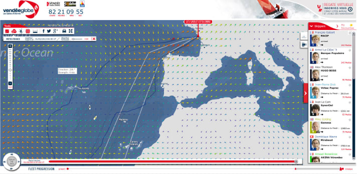   Der Stand heute Morgen: "Synerciel" und "Gamesa" im Schwachwind bei den Azoren, "Virbac Paprec 3" an der Nordküste Portugals