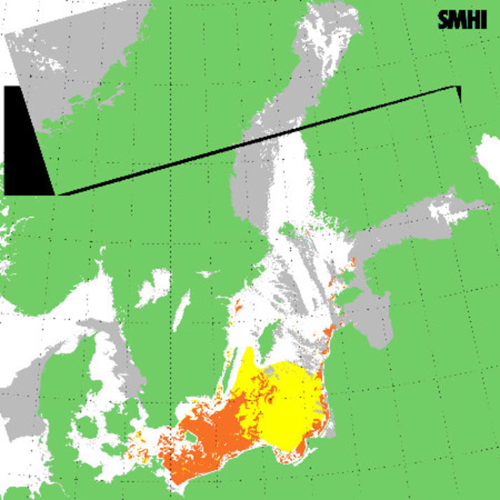   Übersicht des Schwedischen Meteorologischen Institutes. Die orangen Flächen sind Algenteppiche, in den gelben Bereichen besteht ein Risiko für  Oberflächenansammlungen.