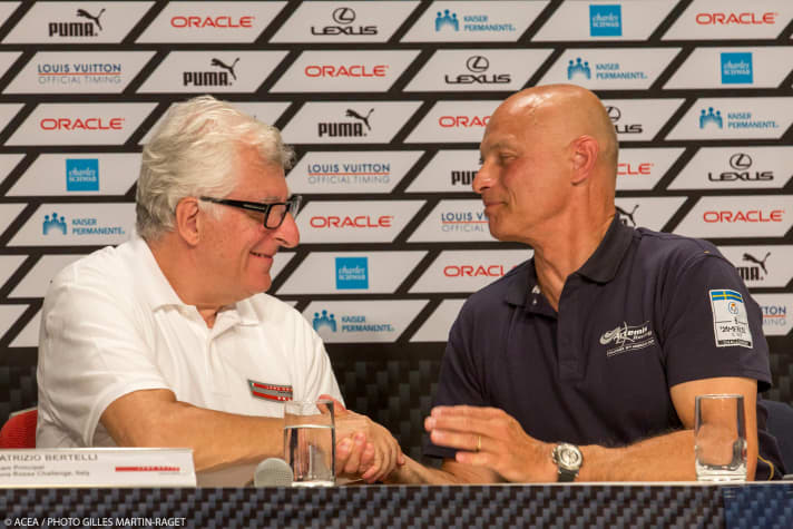   Gegner in der Herausfordererrunde zum 34. America's Cup: Patrizio Bertelli und Torbjörn Törnqvist (Artemis) bei einer Pressekonferenz