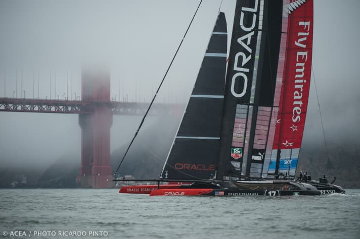   Zwischen Golden Gate Bridge und Alcatraz herrschen vor San Francisco Segelbedingungen wie seit Monaten nicht mehr: Nebel und flaue Winde lassen Neuseelands Cup-Träume platzen