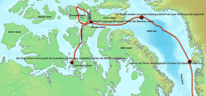   Die rekonstruierte Route der beiden Expeditionsschiffe