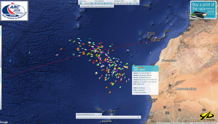   Die letzte Position der "Noah" (weiß umrandetes Boot) gestern um 22 Uhr UTC 