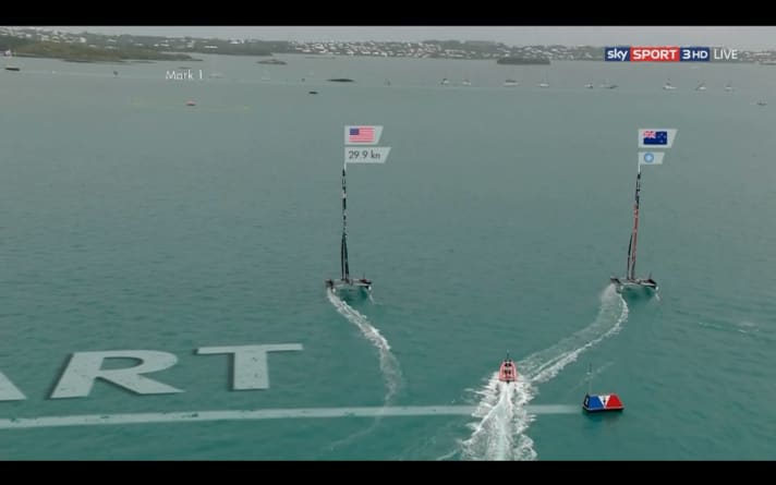   Es begann schon schlecht: Das Emirates Team New Zealand hat im Duell mit den Titelverteidigern einen Frühstart zu beklagen. Weitere Fehler folgten