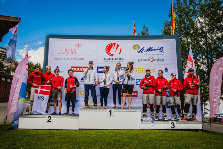   Siegerehrung in St. Moritz: Der Segelclub Mattsee gewann die Serie vor dem dänischen Hellerup Sejlkub und dem Verein Seglerhaus am Wannsee (r.)