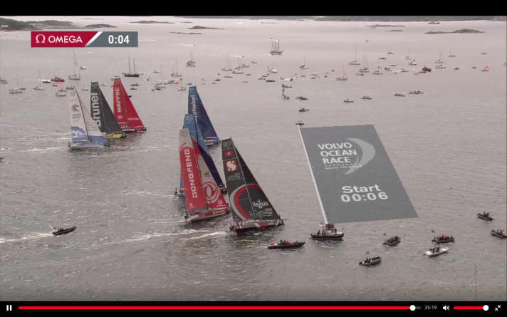   Vier Sekunden vor dem Start herrscht Gedrängel: Dongfeng hat sich einem möglichen Dreikampf entzogen, zwischen Brunel und Mapfre geht es gleich zur Sache…